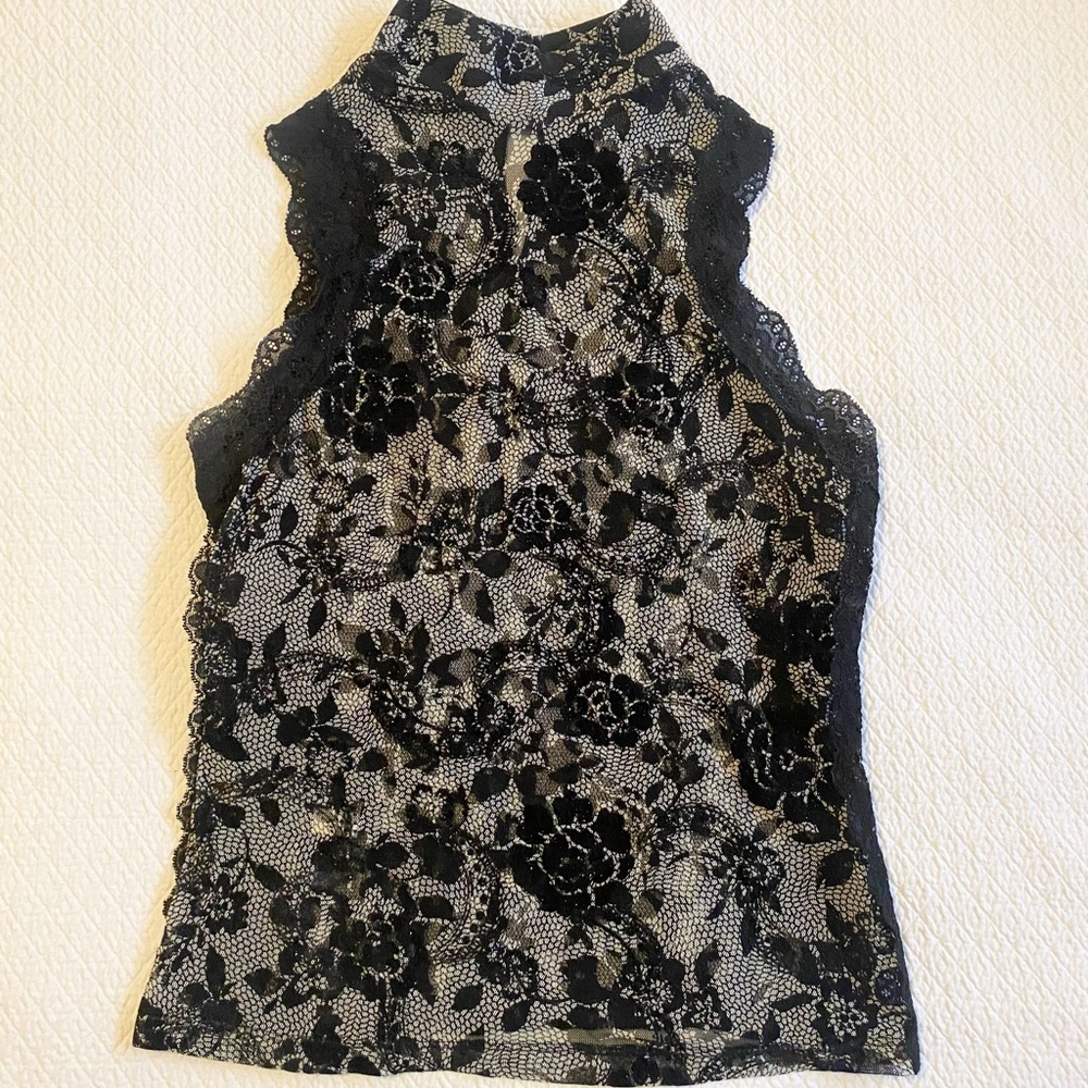 Express Small Mock Neck Lace Back Sheer Top